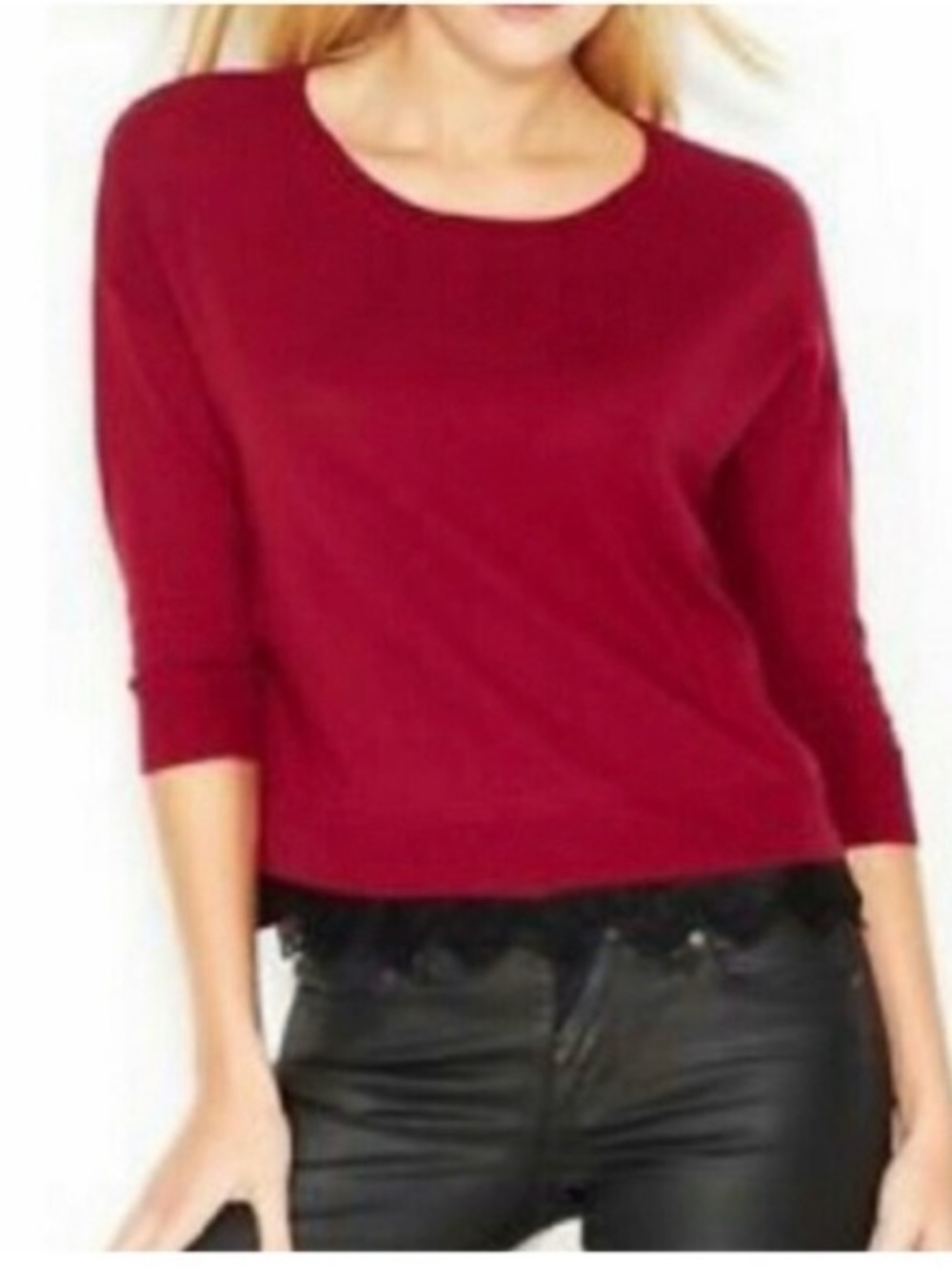 🦋 MADE for IMPULSE FASHION WEEK Macy’s Wine Lace-Trim 3/4 Sleeve Knit Top NWT S